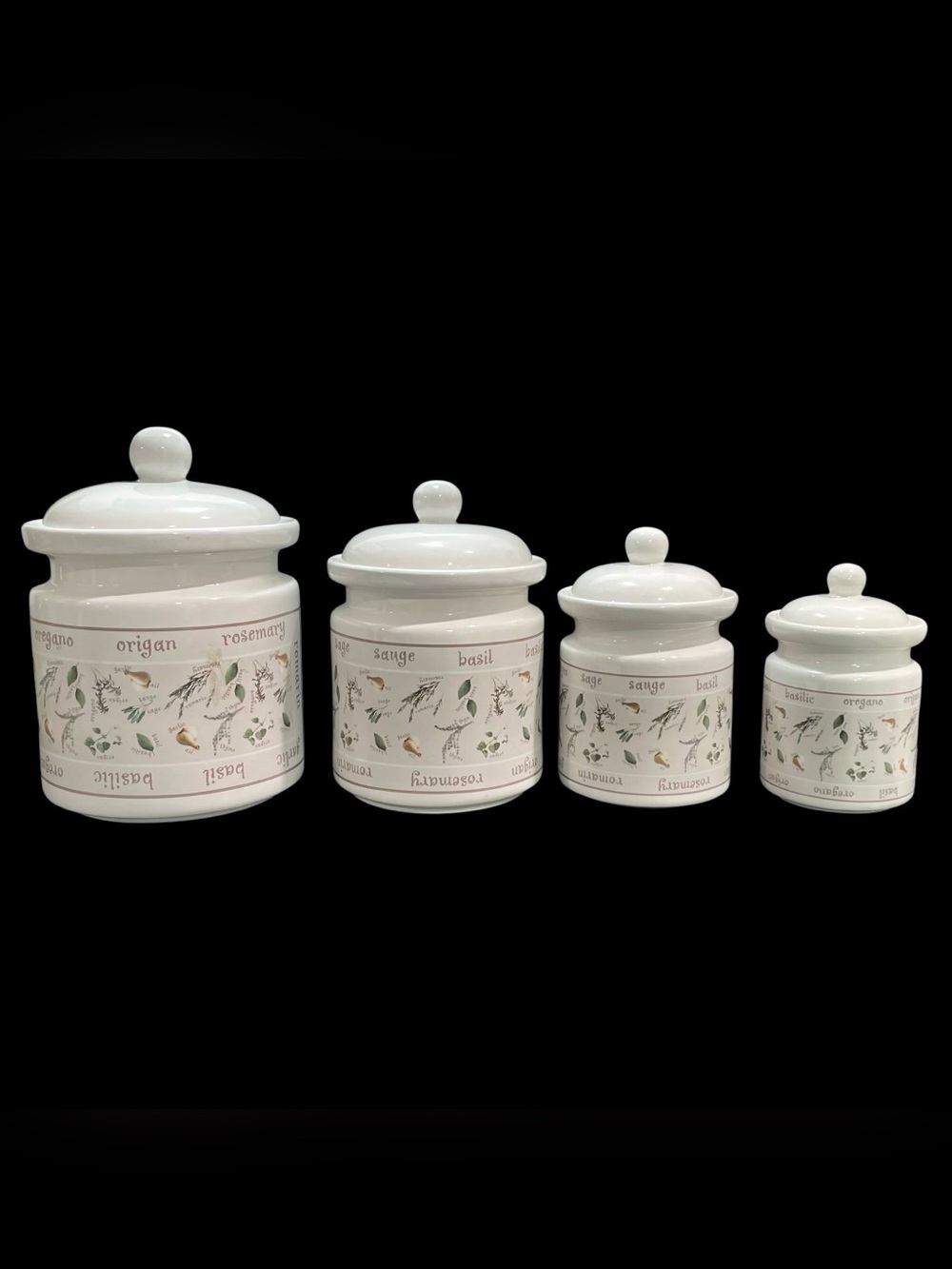 Vintage 2000s Garden Herbs and Garlic 4 pcs Kitchen Ceramic Canister Set